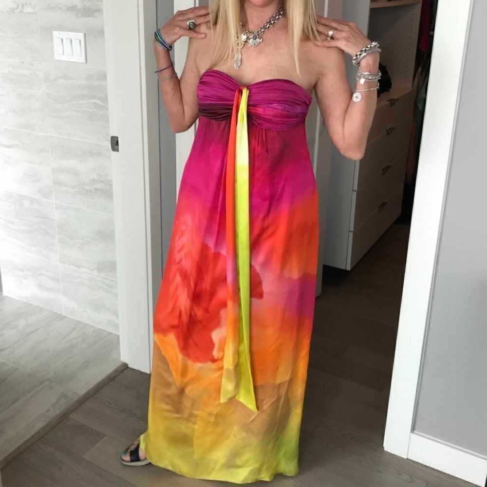 COLIN HEANEY Designer Custom Silk Dress raspberry, pink, orange yellow, green, S